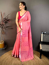 Gajri Linen 60 Count Silver Zari Saree