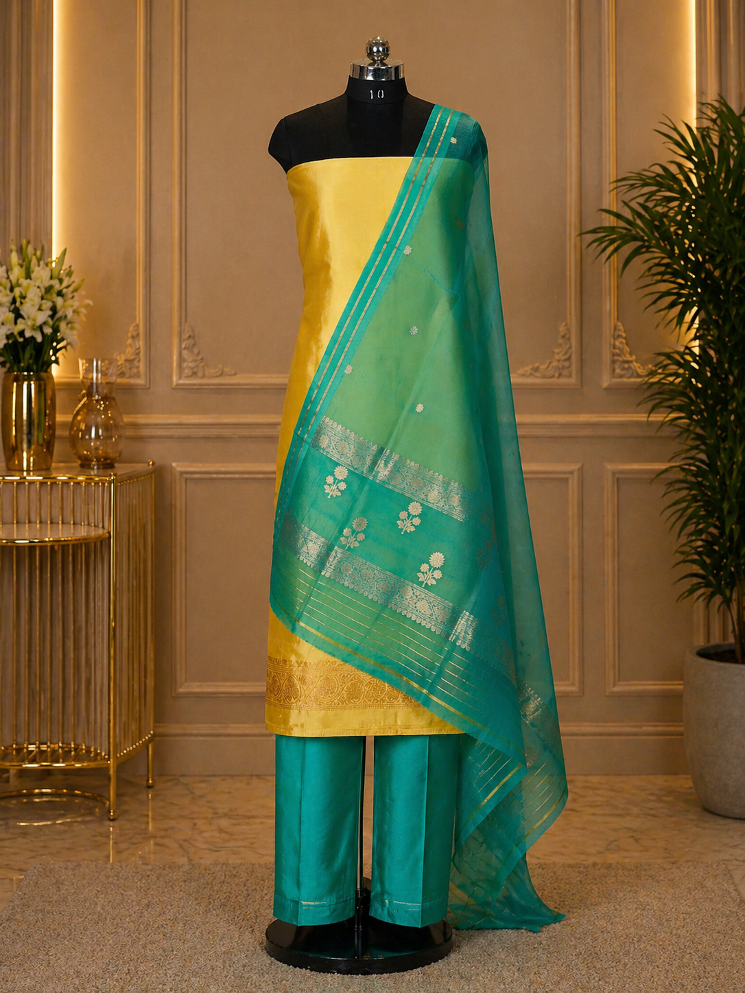 Yellow Banarasi Handloom Luxury Suit set contrast