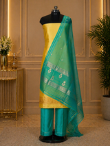 Yellow Banarasi Handloom Luxury Suit set contrast