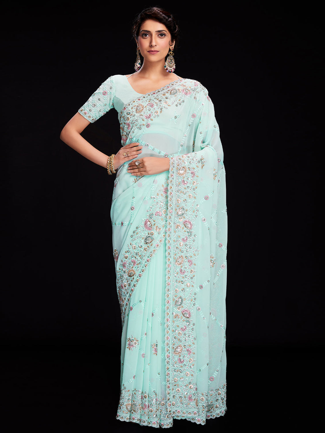 Blue Georgette Embroidered Saree With Unstitched Blouse