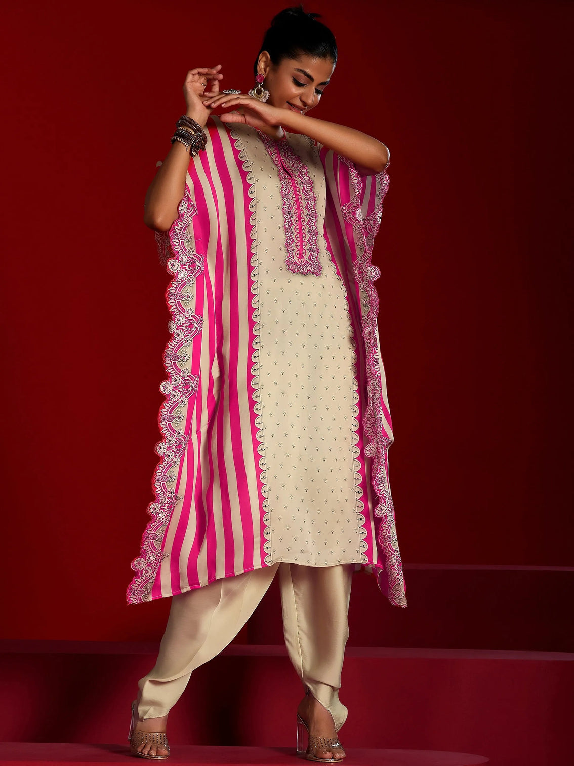 Mameraa Art Beige Printed Silk Blend Co-Ords