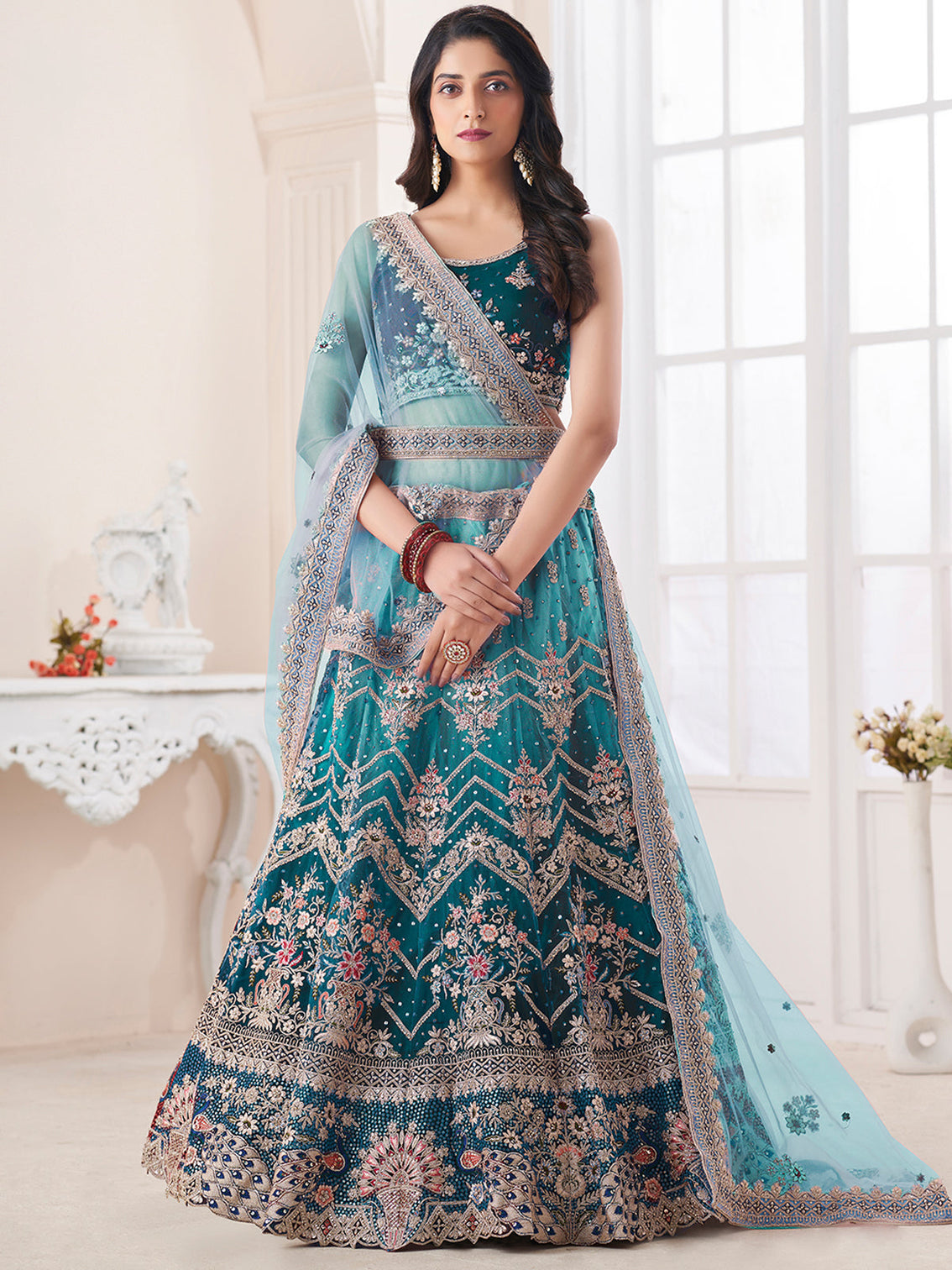 Blue Soft Net Embroidered Semi Stitched Lehenga Choli