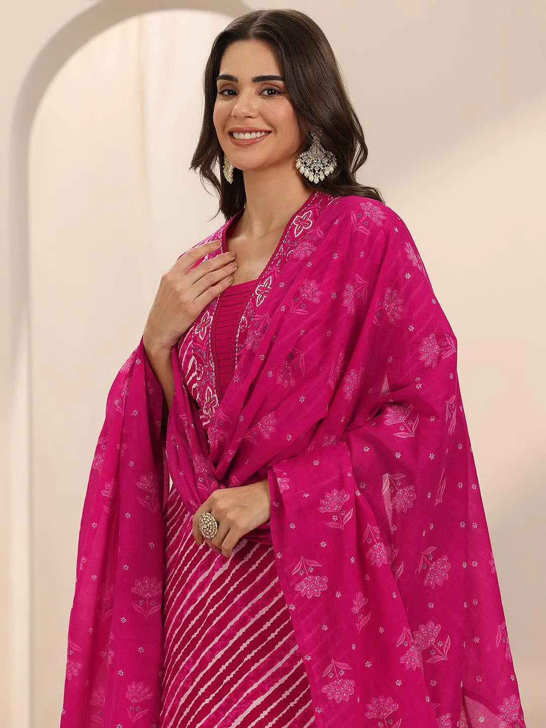 Libas Pink Printed Cotton Straight Suit Set With Dupatta