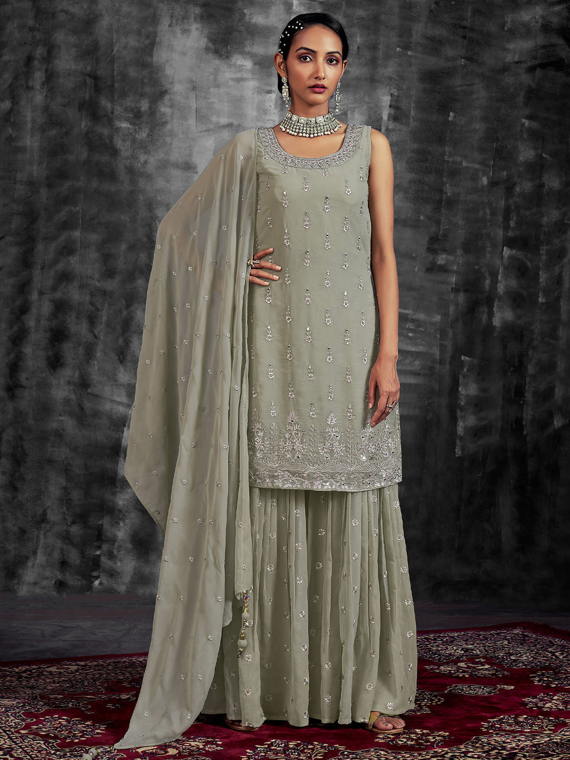 Green Embroidered Georgette Partywear Stitched Kurta Set