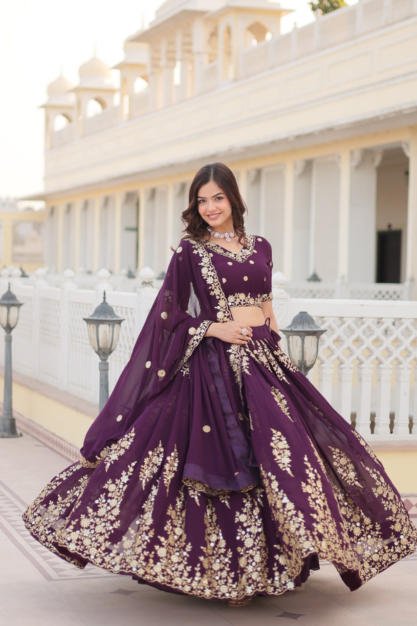 Faux Blooming Georgette Purple Lehenga Choli Set with Heavy Embroidered Work