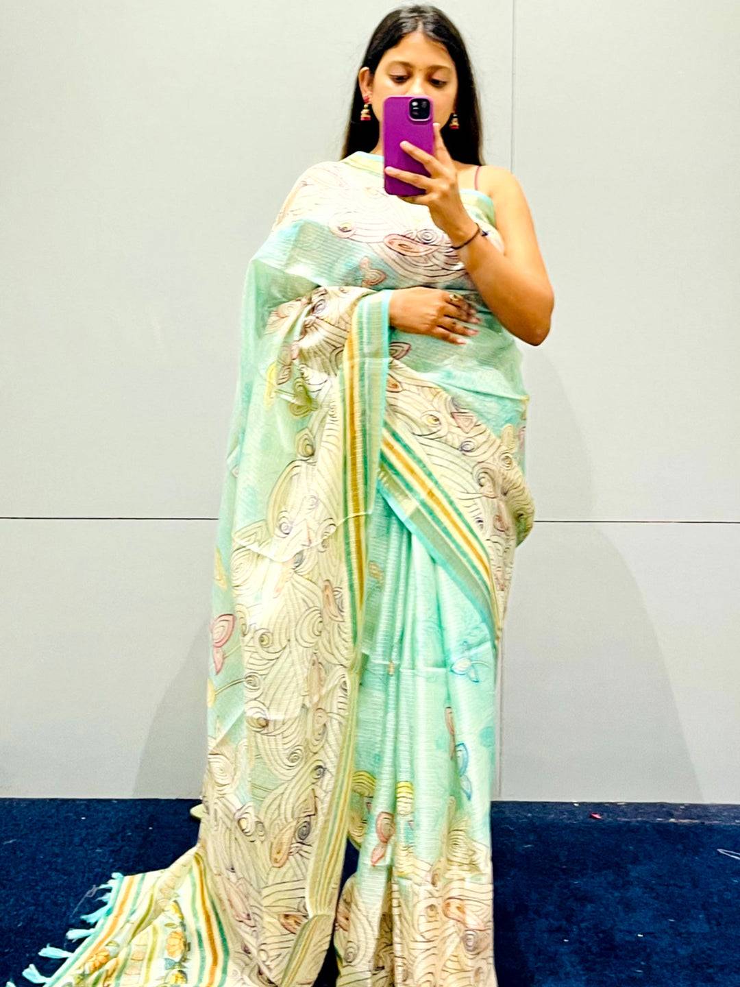 Turquoise Kota Doriya Silk Saree With Floral Kalamkari Print