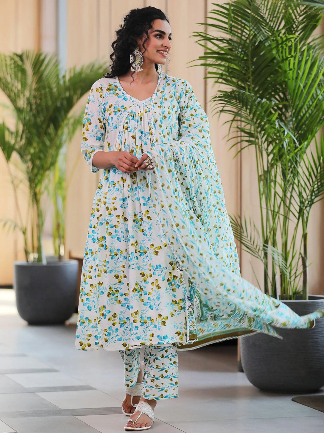 Mameraa Off White Printed Cotton A-Line Kurta With Palazzos & Dupatta