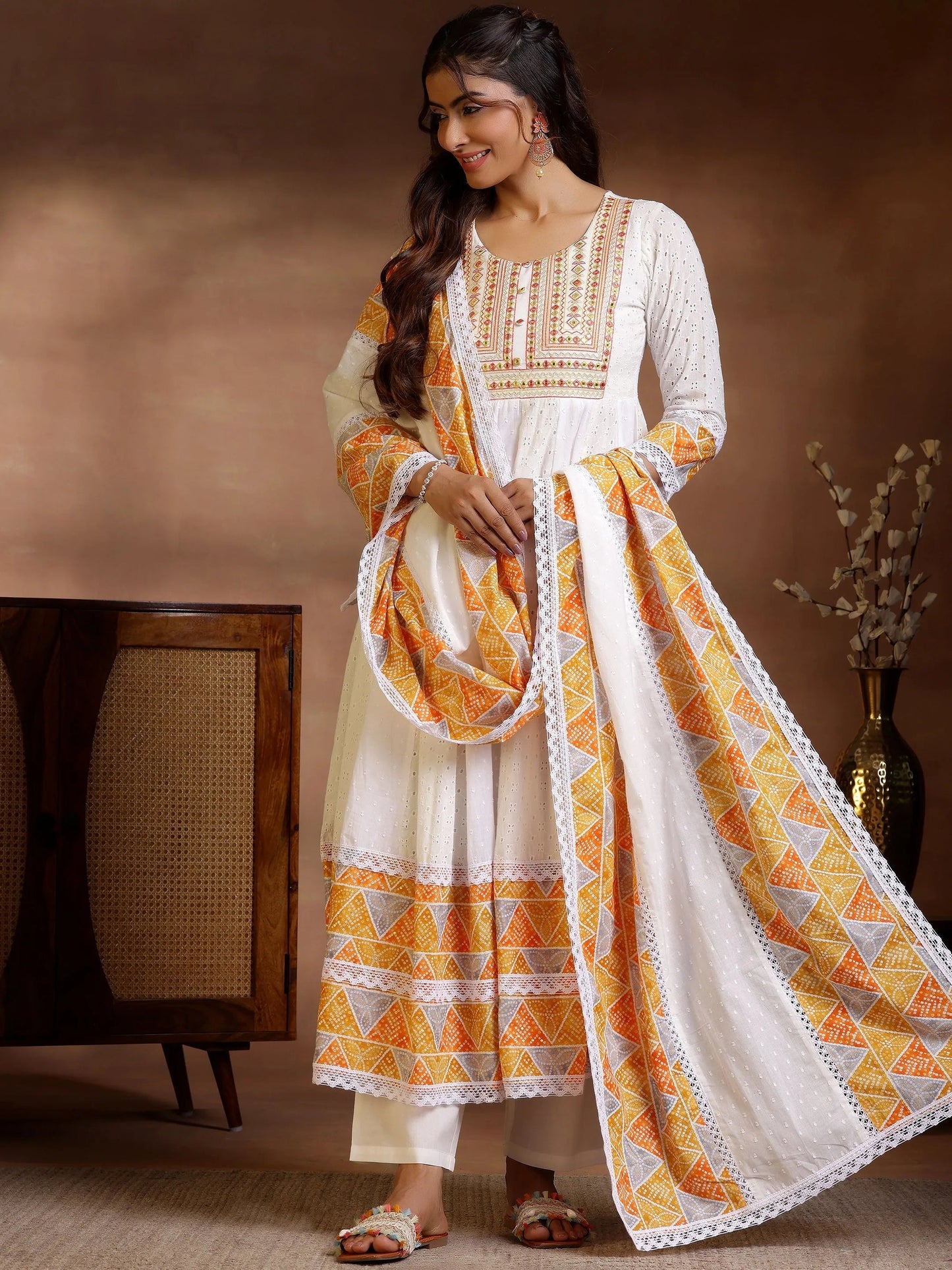 Libas White Self Design Cotton Anarkali Suit With Dupatta