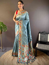 Light Blue Silk Blend Woven Zari Work Paithani Saree
