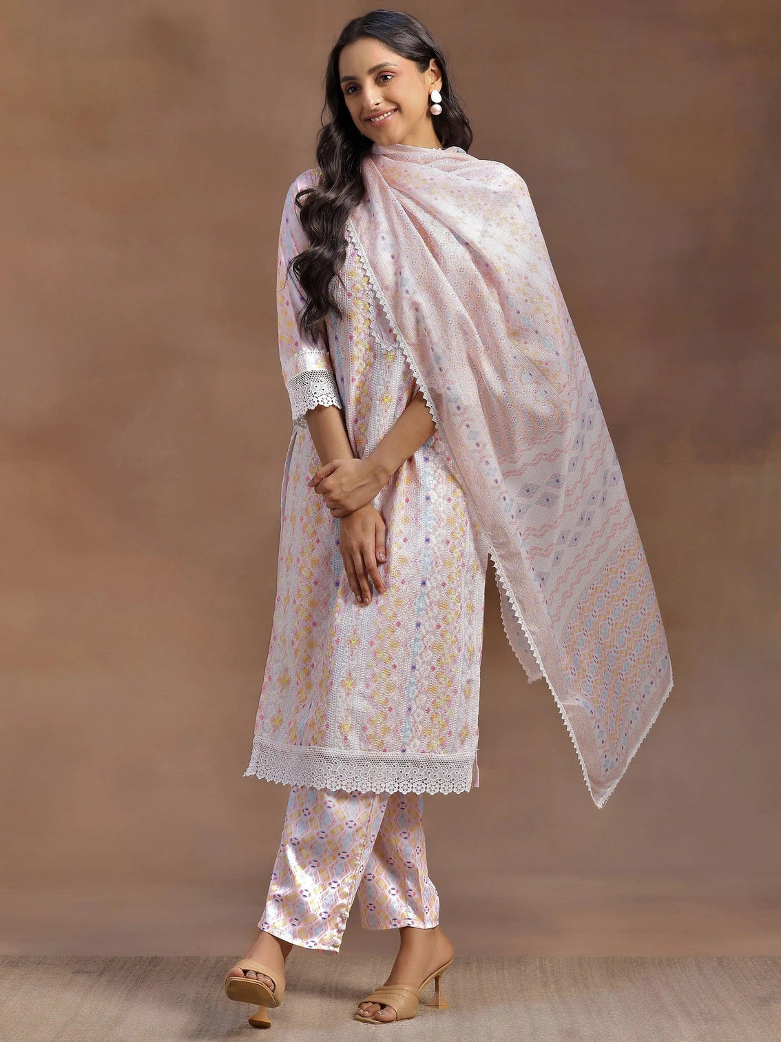 Mameraa Peach Embroidered Cotton Blend Straight Suit With Dupatta