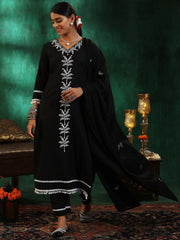 Mameraa Black Embroidered Straight Suit With Dupatta - Mameraa