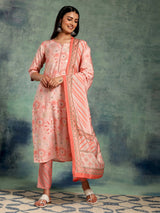 Libas Peach Printed Silk Blend Straight Suit With Dupatta