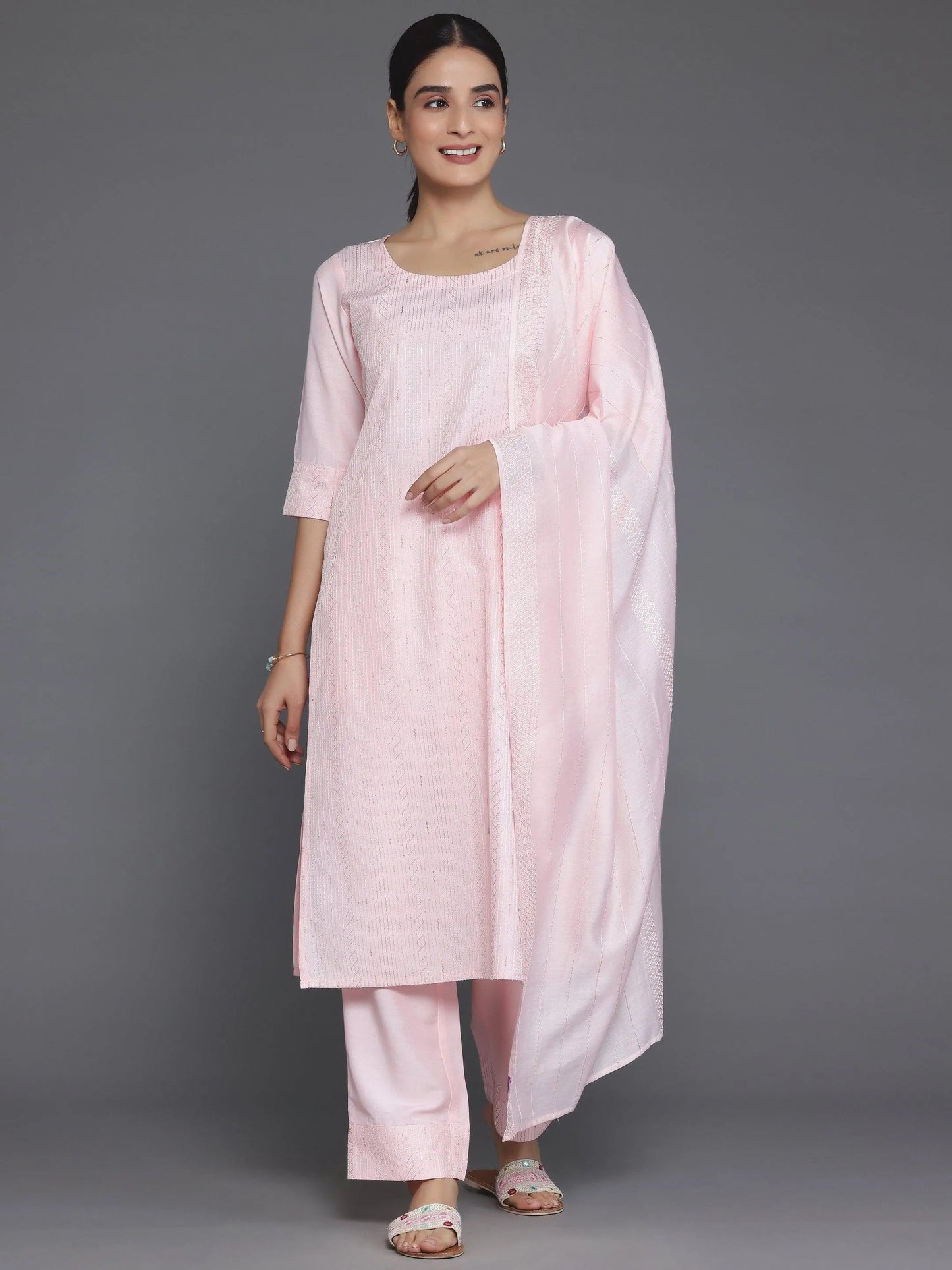 Gerua Peach Self Design Silk Blend Straight Suit With Dupatta