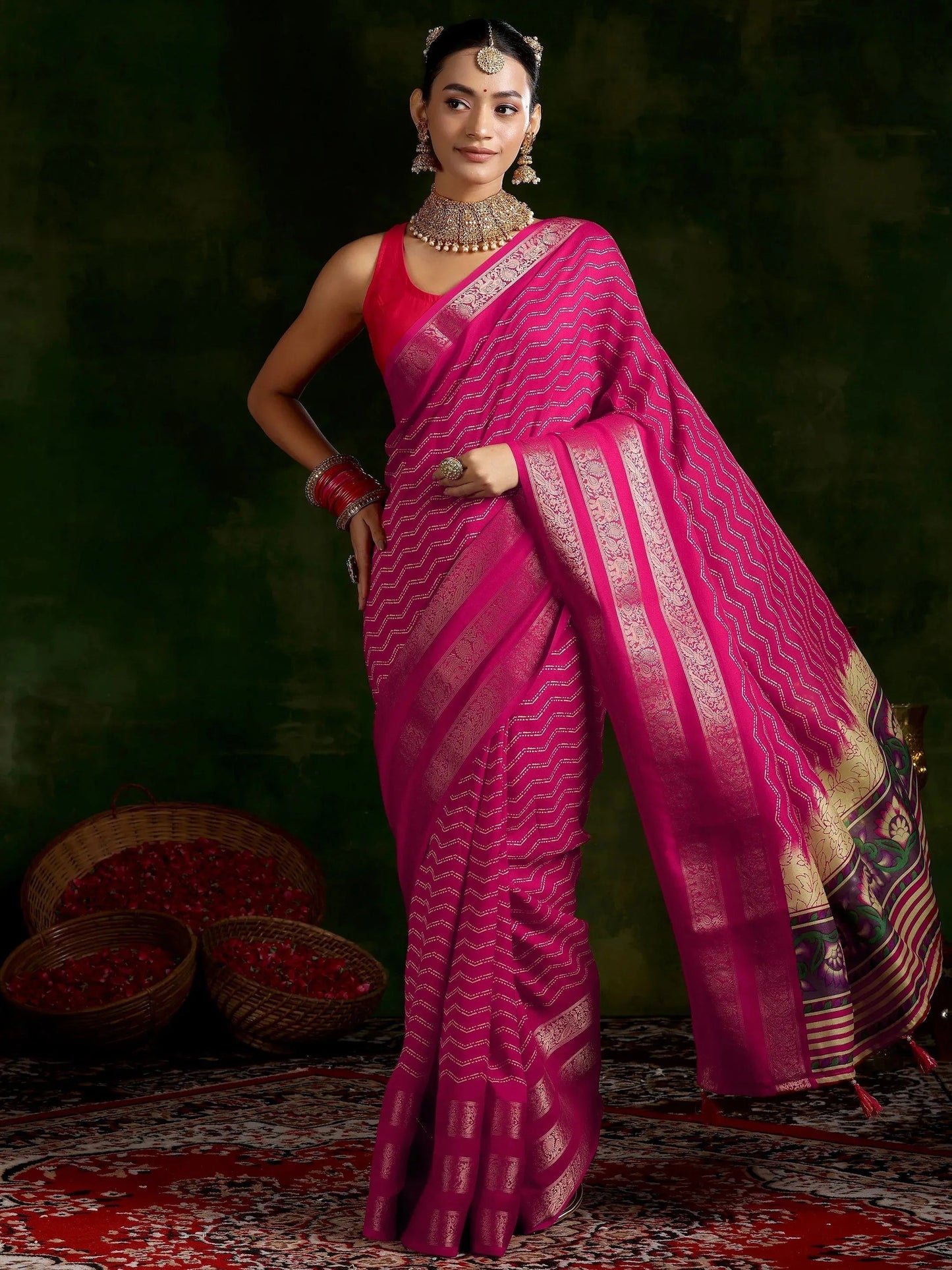 Libas Pink Printed Silk Blend Saree With Unstitched Blouse Piece