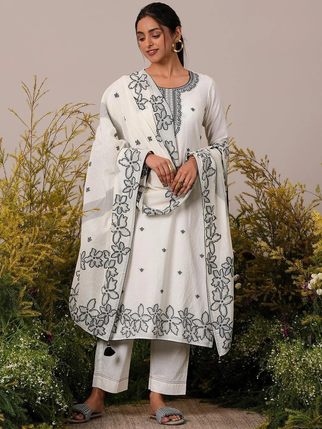 Libas Off White Woven Design Cotton Straight Suit With Dupatta