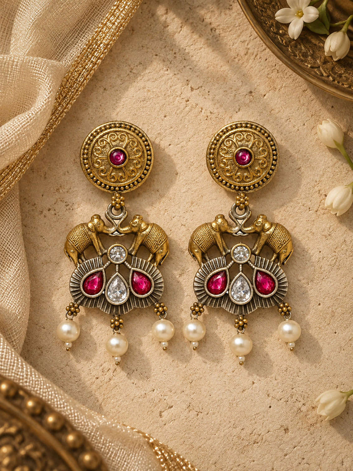Mameraa Antique Gold Elephant Motif Pearl Drop Earrings