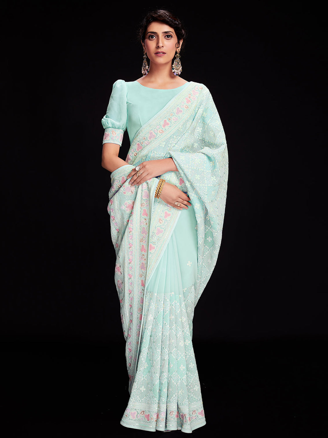 Light Blue Georgette Embellished Saree With Unstitched Blouse