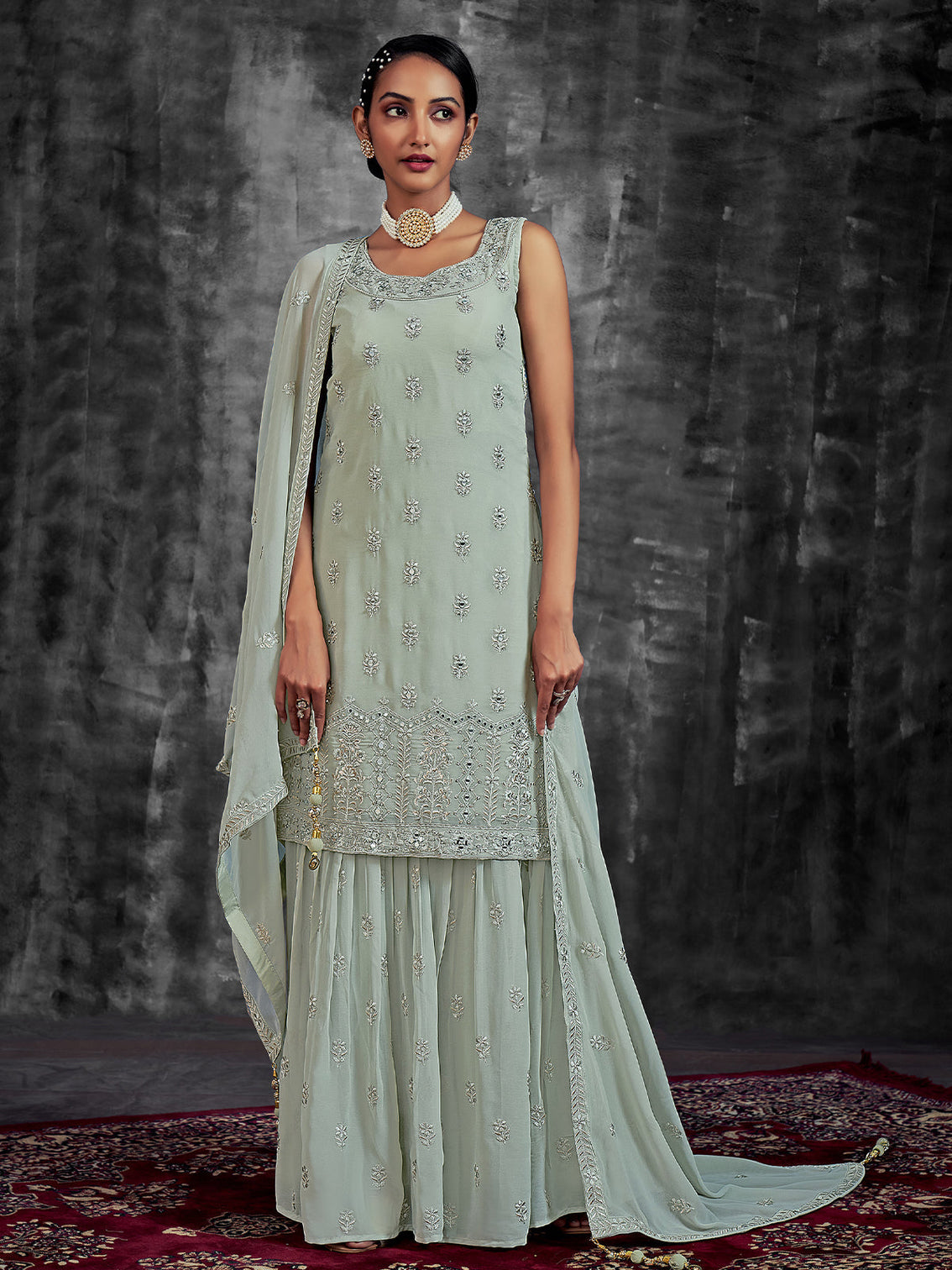 Classic Embroidered Green Georgette Stitched Kurta Set