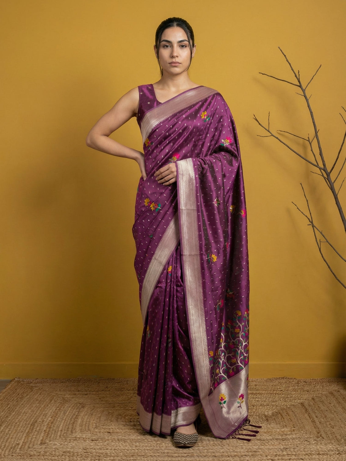 Soft organza saree with meenakari weaving jamdani pallu