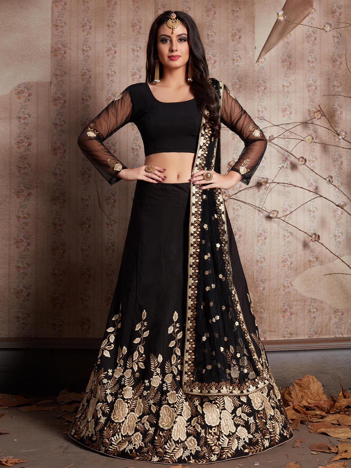 Black Embroidered Semi Stitched Lehenga With Unstitched Blouse