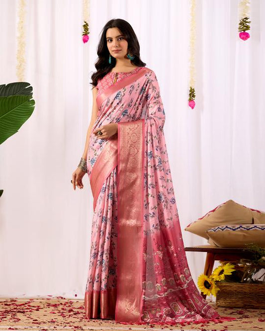 Premium Soft Silk Floral Printed Saree with Rich Pink Zari Woven Border