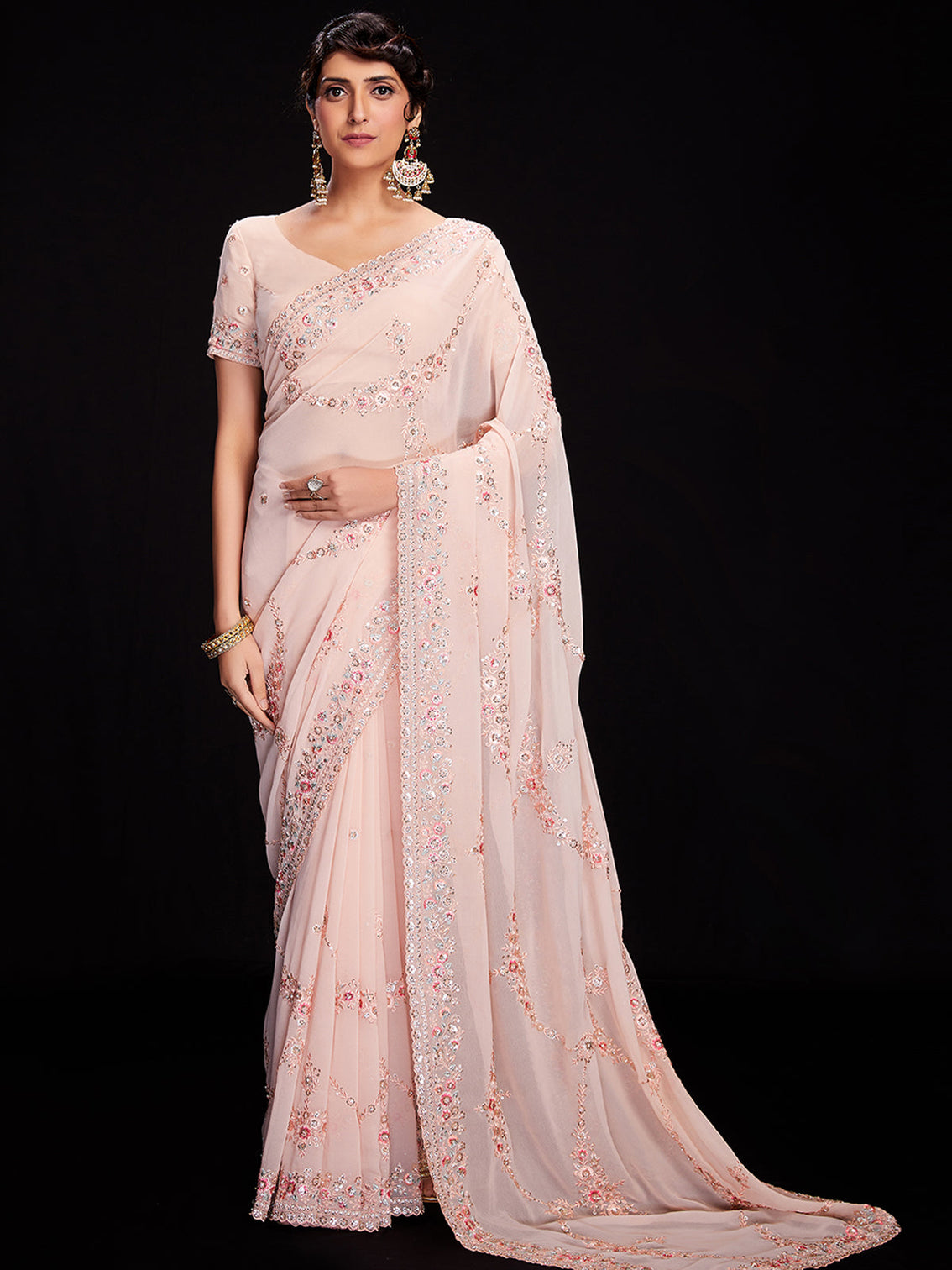 Peach Georgette Embroidered Saree With Unstitched Blouse