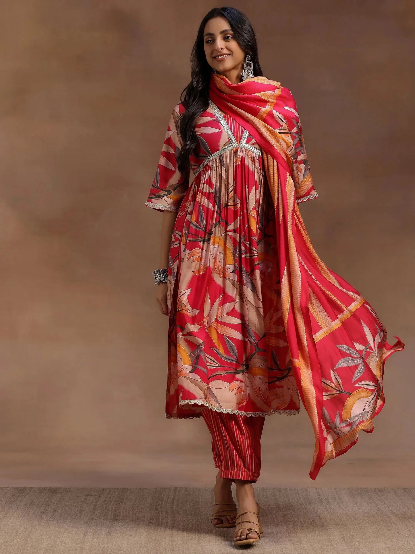 Gerua Pink Printed Silk Blend A-Line Kurta With Salwar & Dupatta