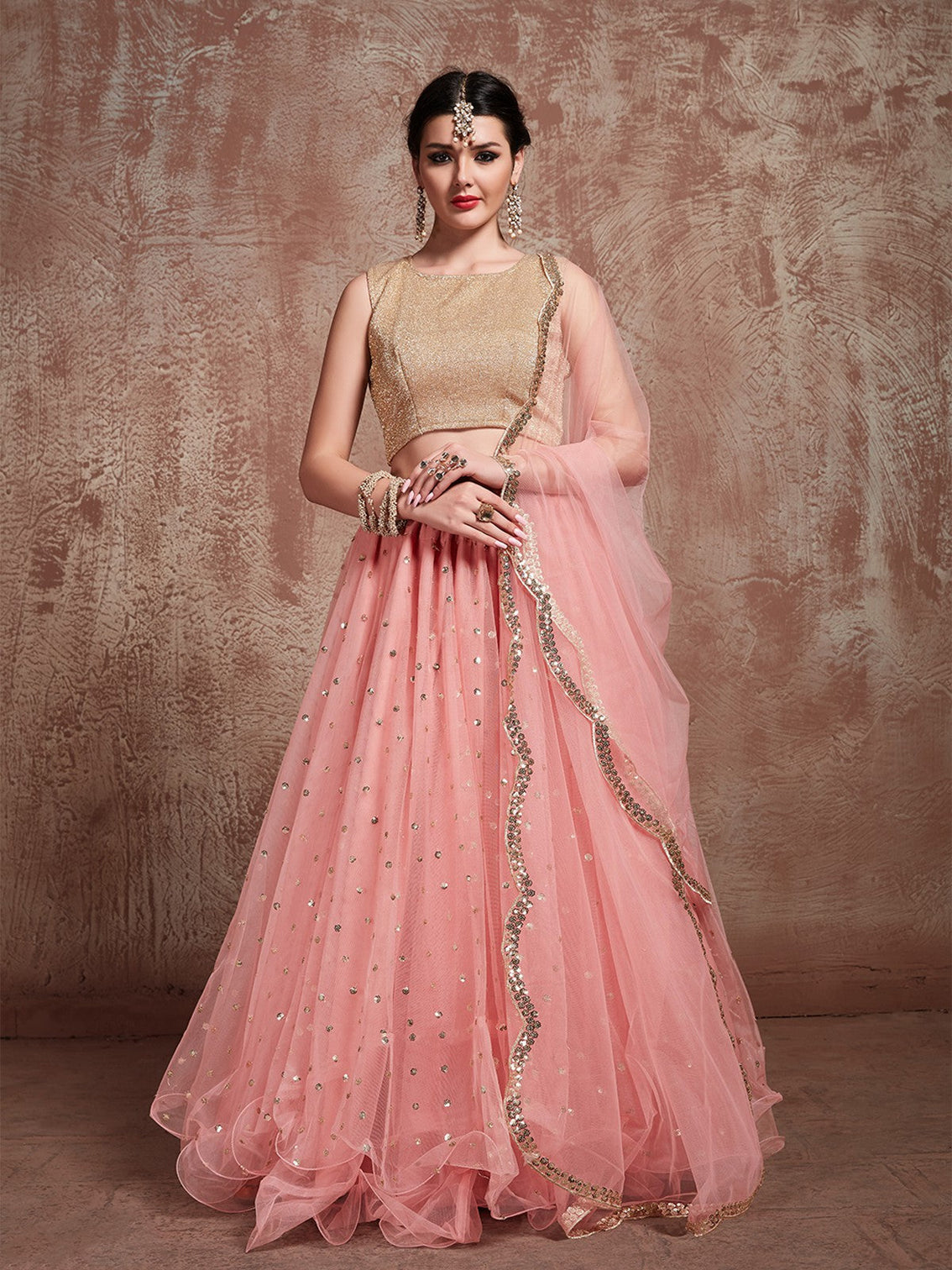 Peach Soft Net Sequins Semi Stitched Lehenga With Unstitched Blouse