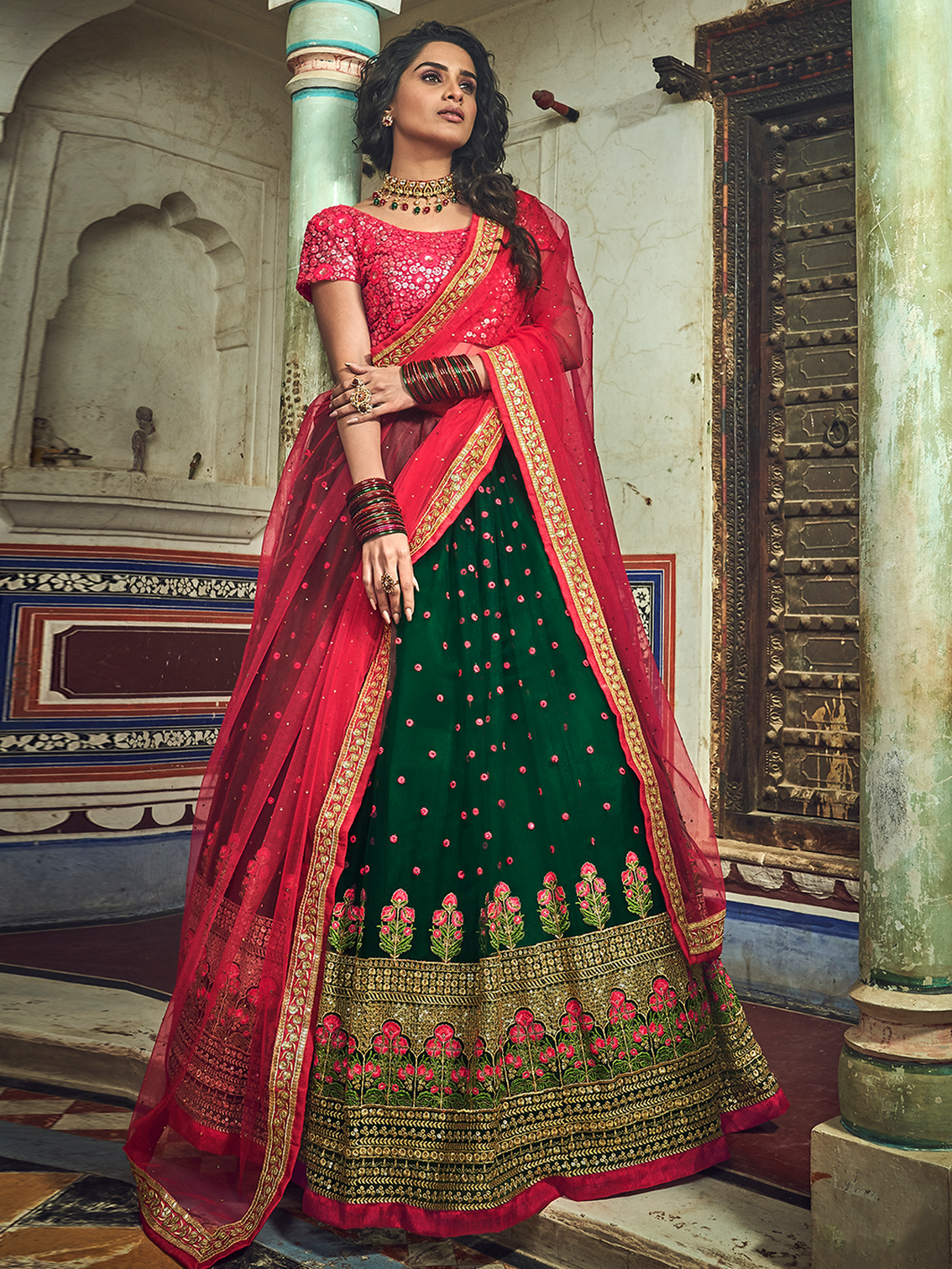 Green Sequins, Thread, Zari, Pearl Semi Stitched Lehenga With Unstitched Blouse