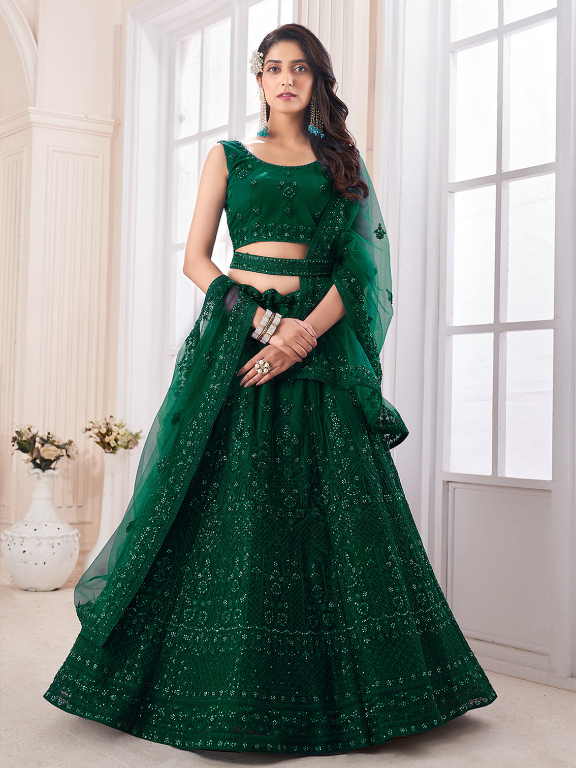 Green Soft Net Embroidered Semi Stitched Lehenga Choli