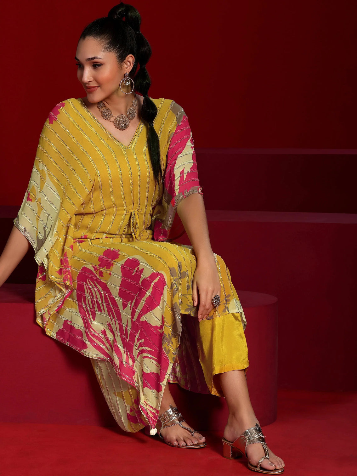Mameraa Art Yellow Printed Poly Georgette 3 Piece Co-Ords