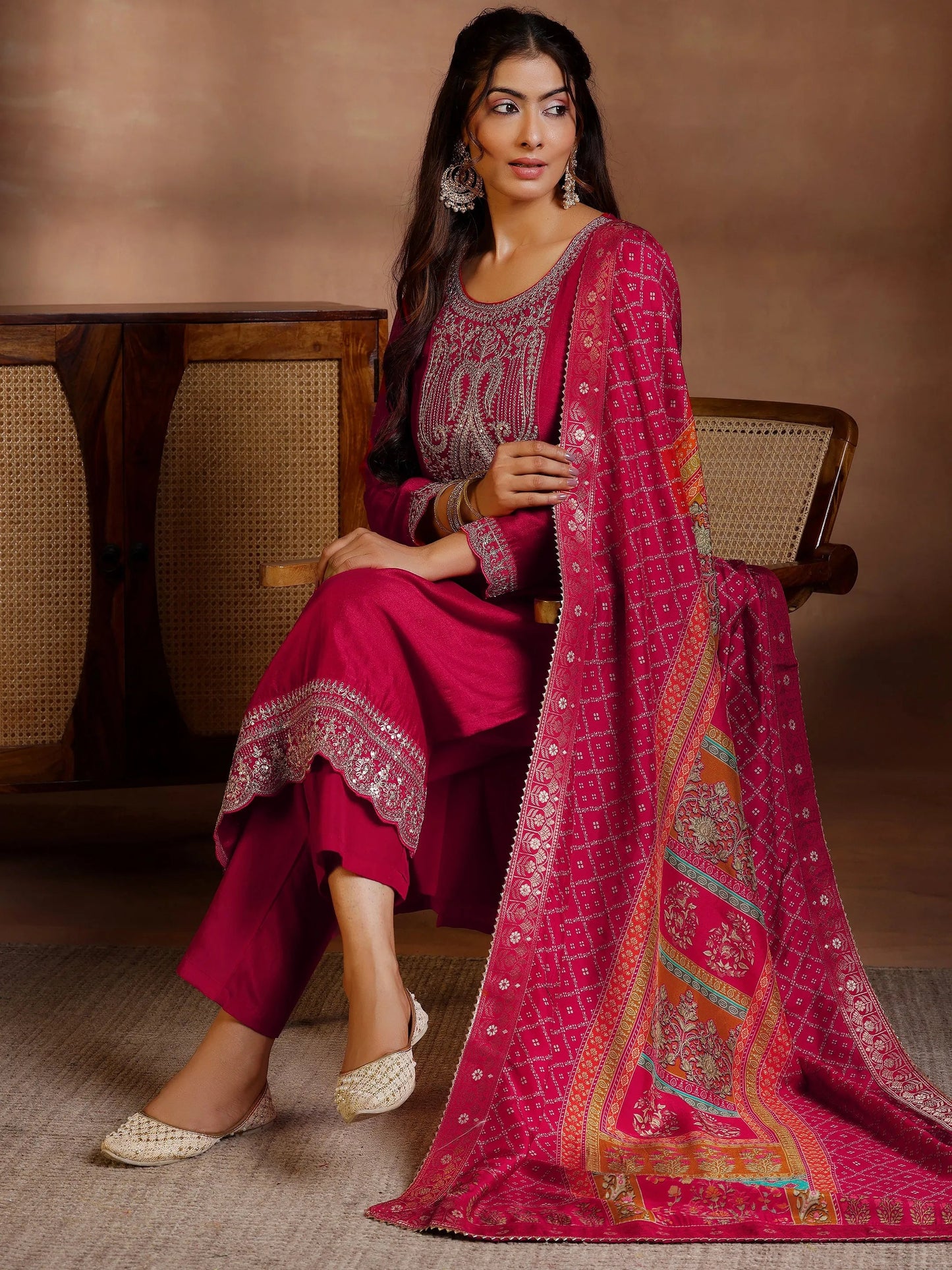Libas Red Embroidered Silk Blend Straight Suits With Dupatta