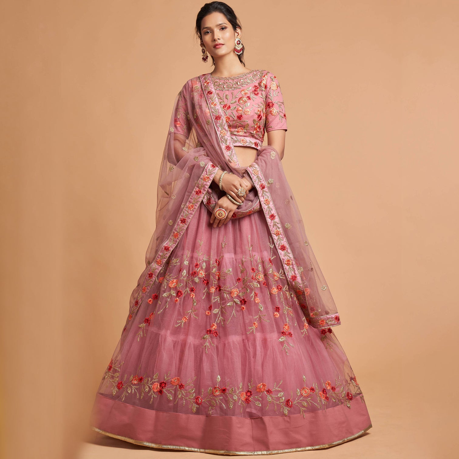 Miraculous Dusty Pink Thread Embroidery Net Party wear Lehenga Choli