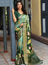 Green Colour Pure Viscose Dola Silk Saree with Floral Print - Luxe