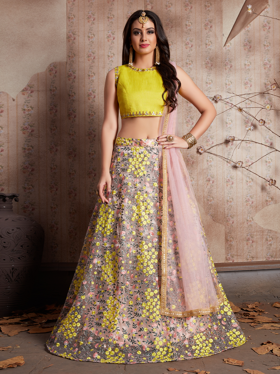 Peach Embroidered Semi Stitched Lehenga With Unstitched Blouse
