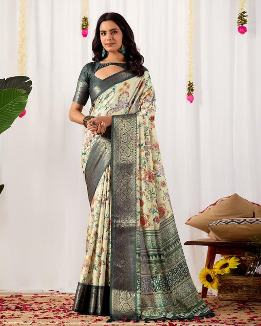 Premium Soft Silk Floral Printed Saree with Rich Antique Silver Zari Woven Border
