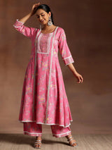 Libas Rukhsaar Pink Printed Cotton A-Line Kurta With Palazzos