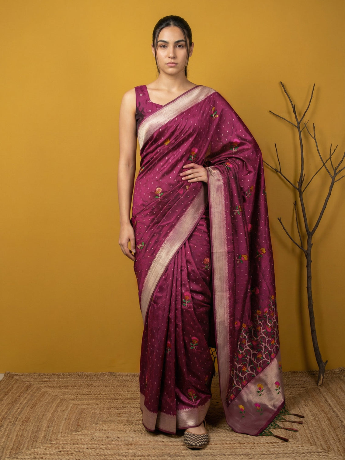 Designer soft organza saree with meenakari weaving jamdani pallu