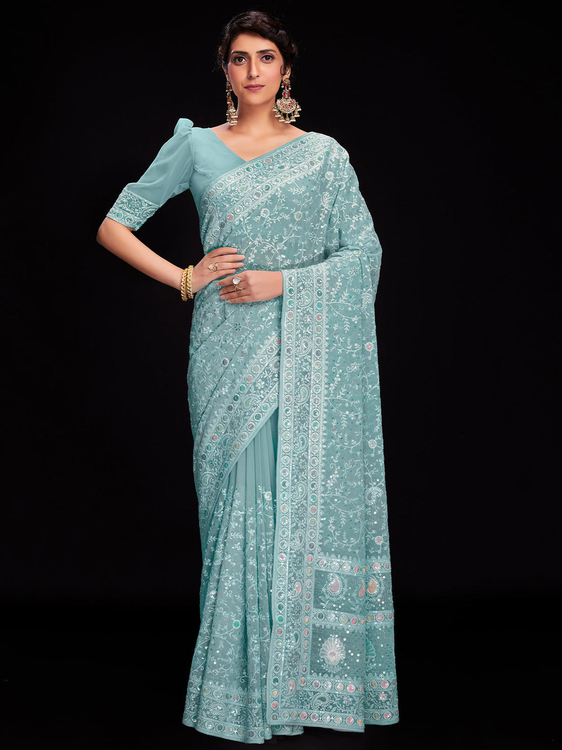 Blue Georgette Embroidered Saree With Unstitched Blouse