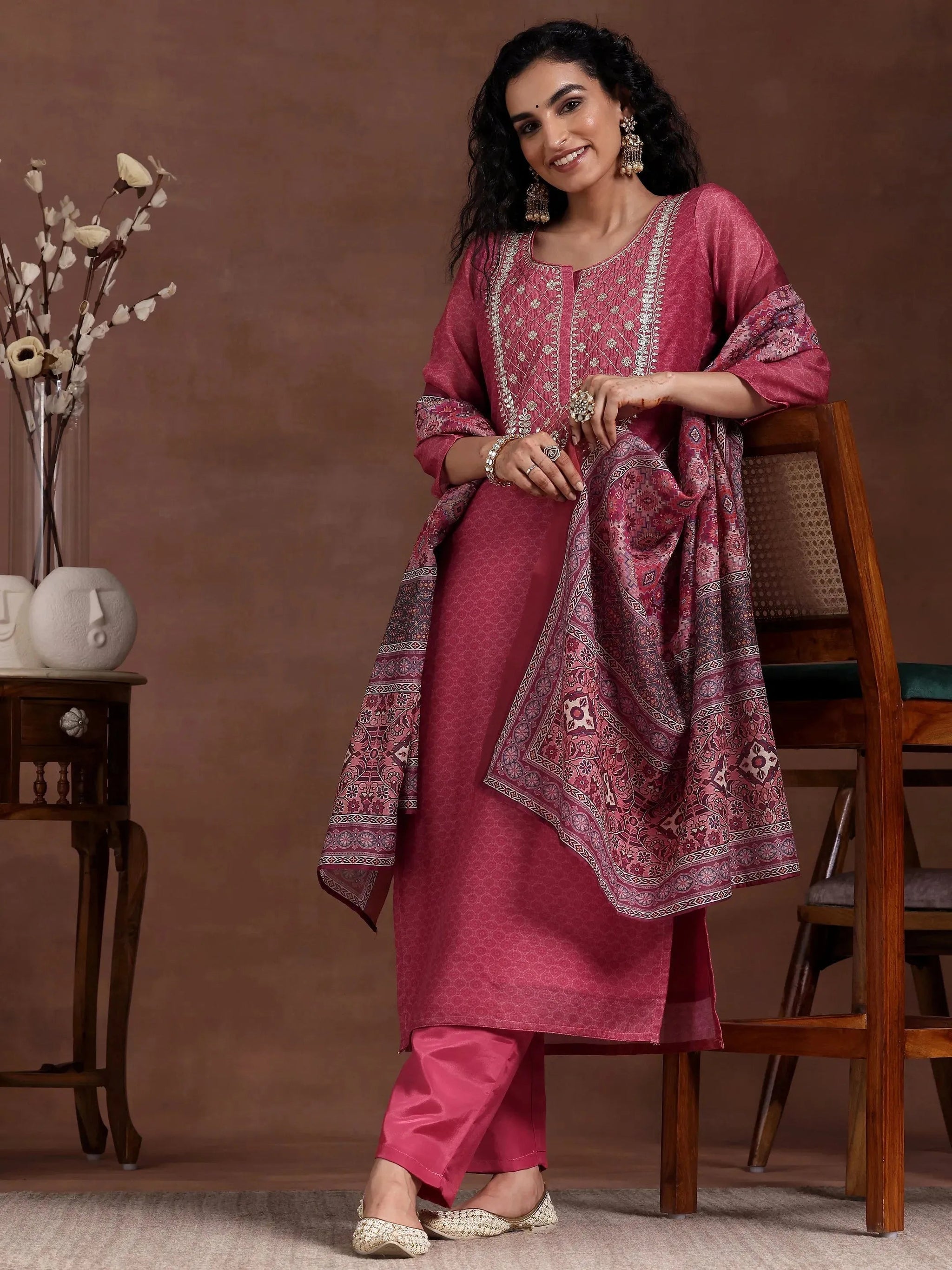 Gerua Pink Printed Silk Blend Straight Suit With Dupatta