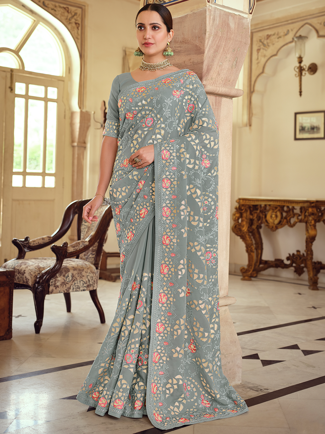 Grey Satin Georgette Saree With Unstitched Blouse