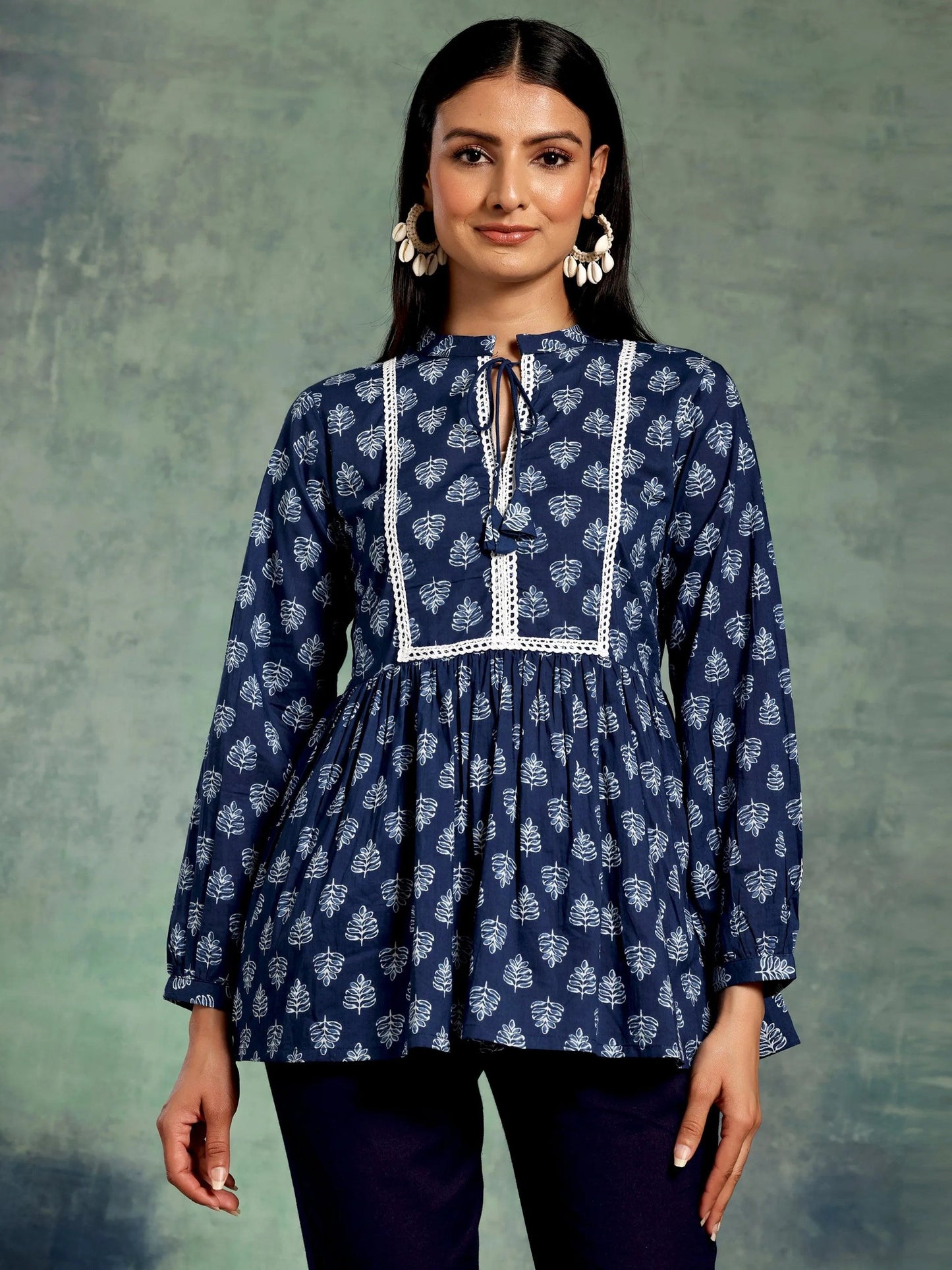 Libas Blue Yoke Design Cotton A-Line Kurti