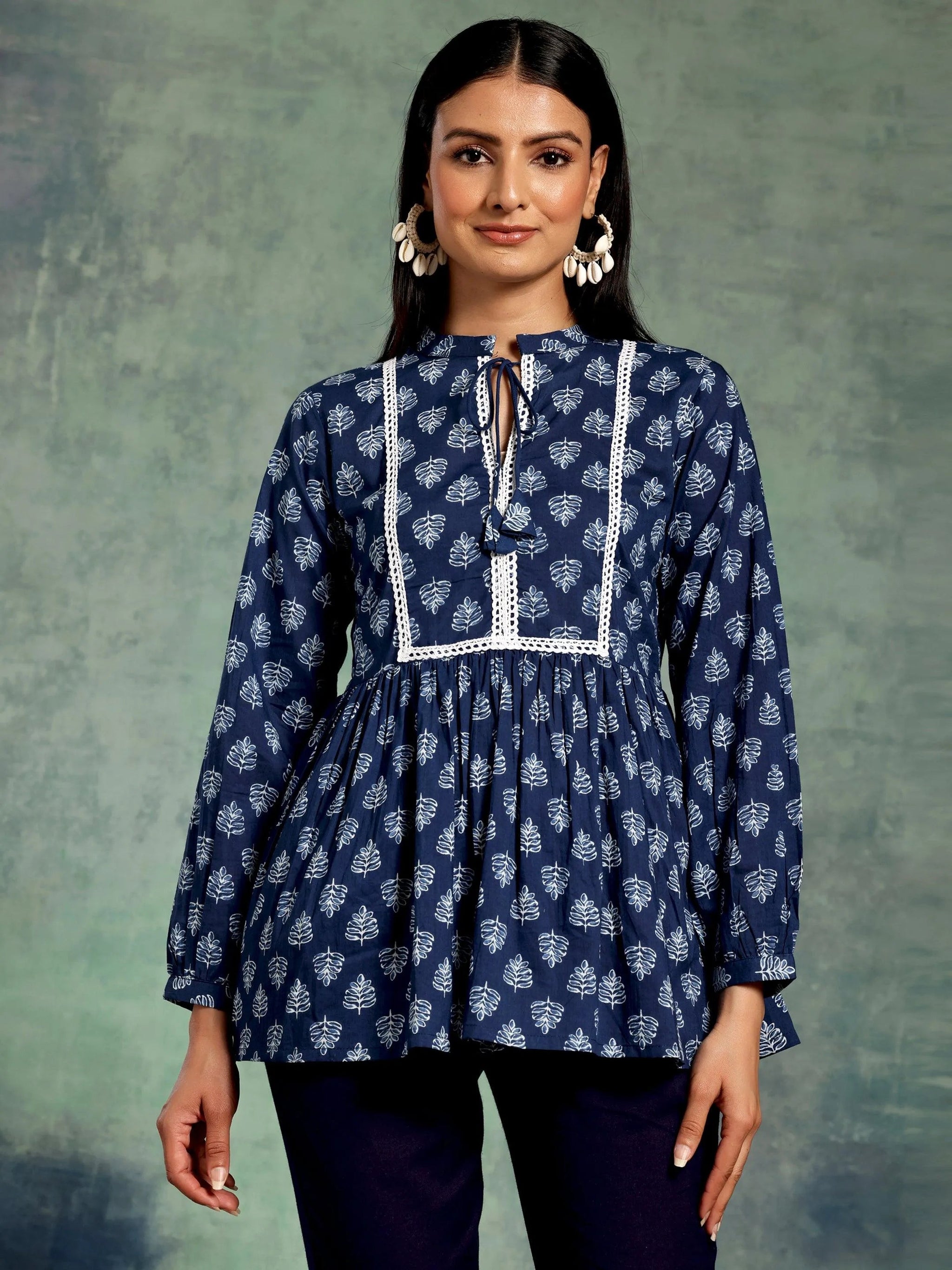 Libas Blue Yoke Design Cotton A-Line Kurti