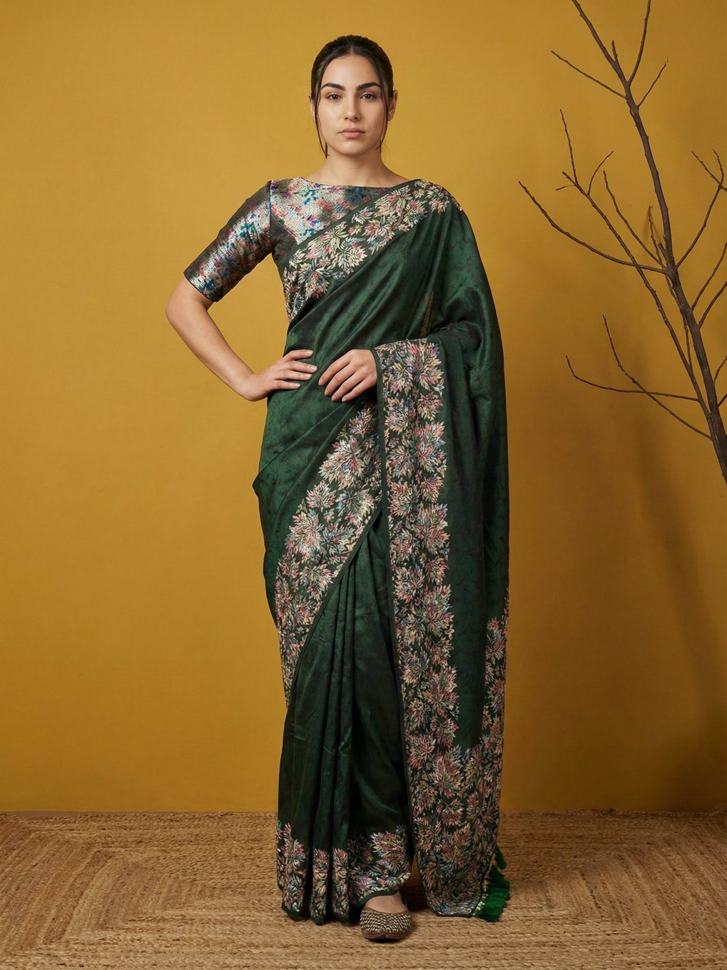 Soft Silk Printed Floral Saree with Rainbow Zari Woven Pallu and Contrast Blouse Festive Party Wear Saree