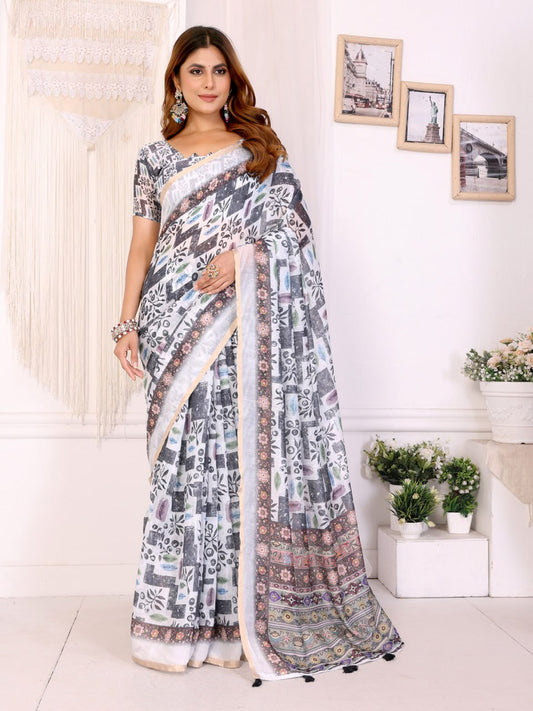 Premium Linen Cotton Abstract Printed Saree with Elegant Beige Border
