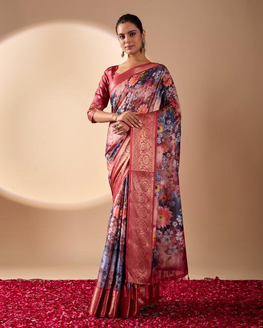 Premium Soft Silk Floral Printed Saree with Rich Rose Gold Zari Woven Border