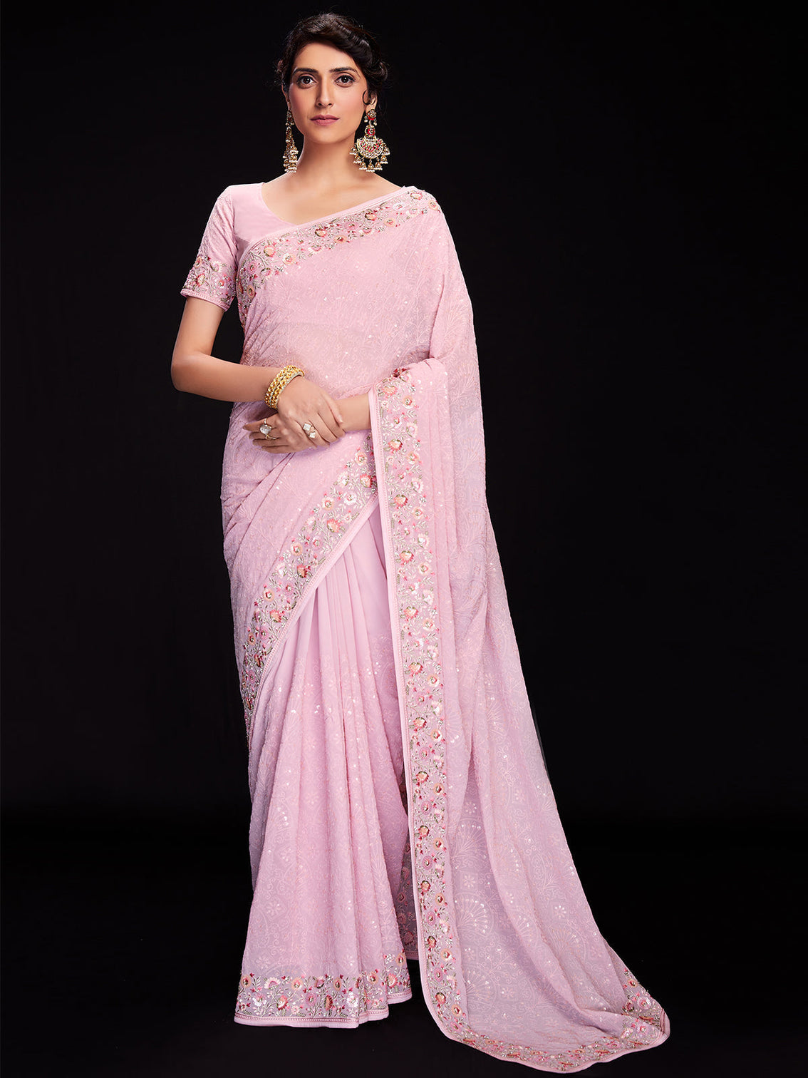 Pink Georgette Embroidered Saree With Unstitched Blouse