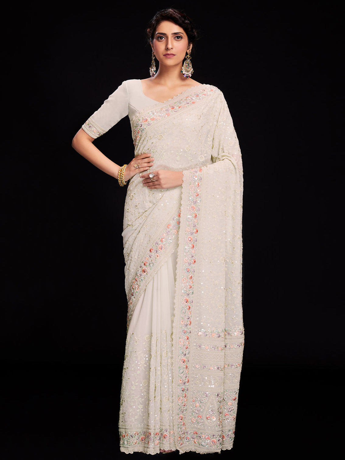 White Georgette Embroidered Saree With Unstitched Blouse