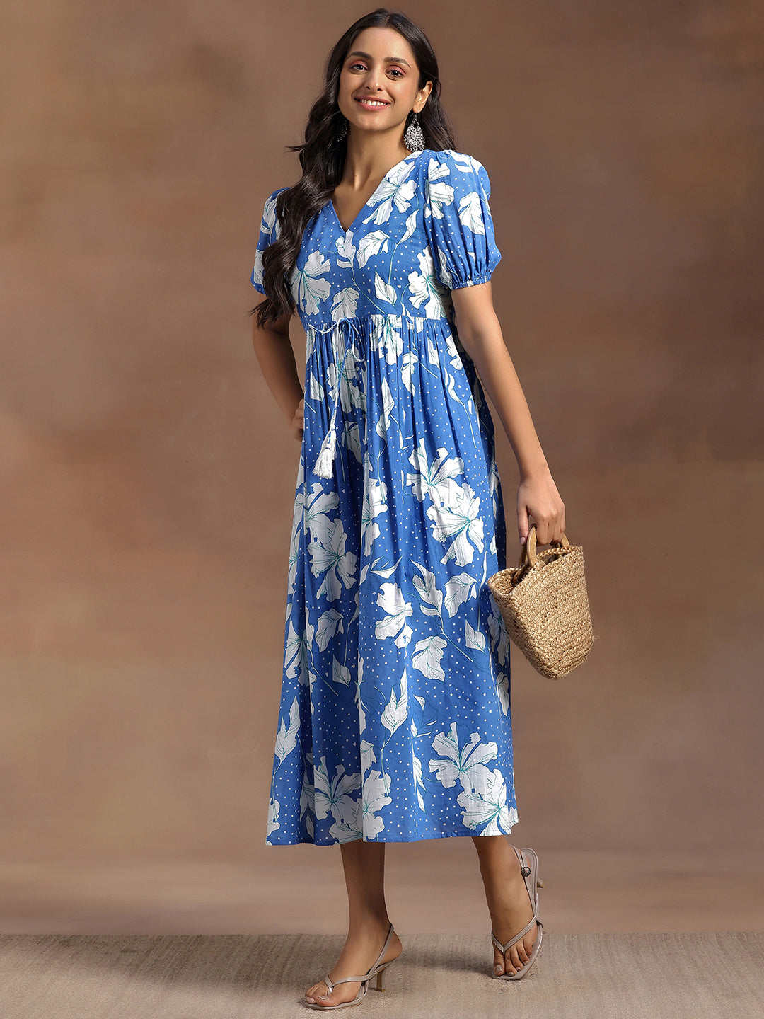 Libas Blue Printed Cotton Fit and Flare Dress
