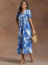 Libas Blue Printed Cotton Fit and Flare Dress